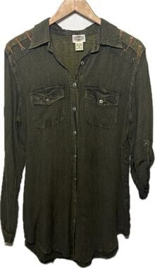 ROD'S Shirt Womens Western Riding Dark Olive Green Lattice Lace Button Up M